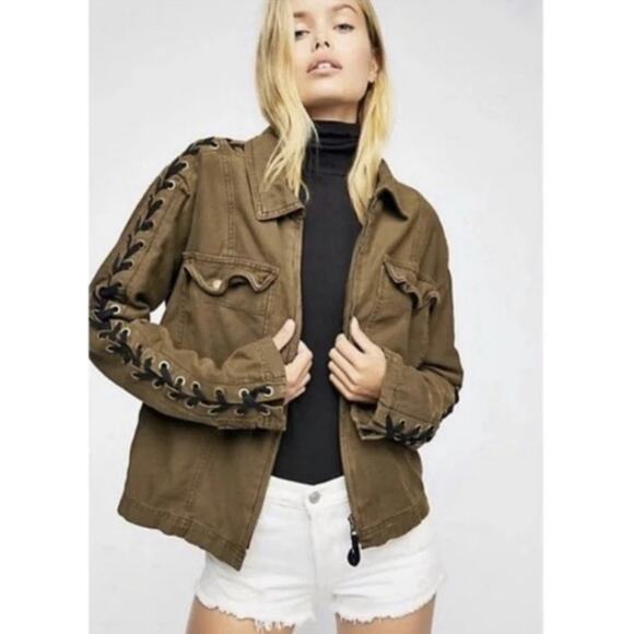 Free People Faye Military Jacket Lace Up Sleeve Cuff Cargo Pocket Size Small - Picture 1 of 9